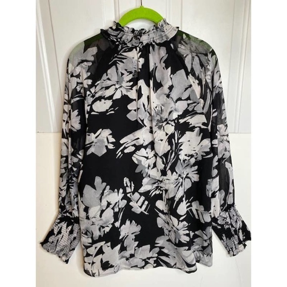 Calvin Klein Women's Printed Chiffon Peasant Blouse Sz Medium Black/White - Picture 4 of 6